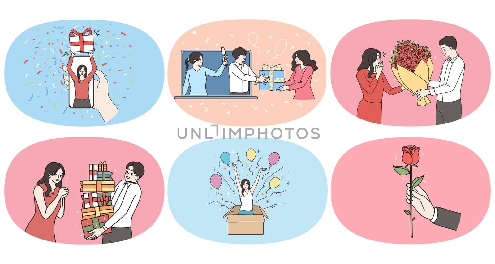 Set of attentive man congratulate greet excited beloved woman with anniversary. Collection of guy make surprise give present gift to happy girlfriend. Valentine day concept. Flat vector illustration.