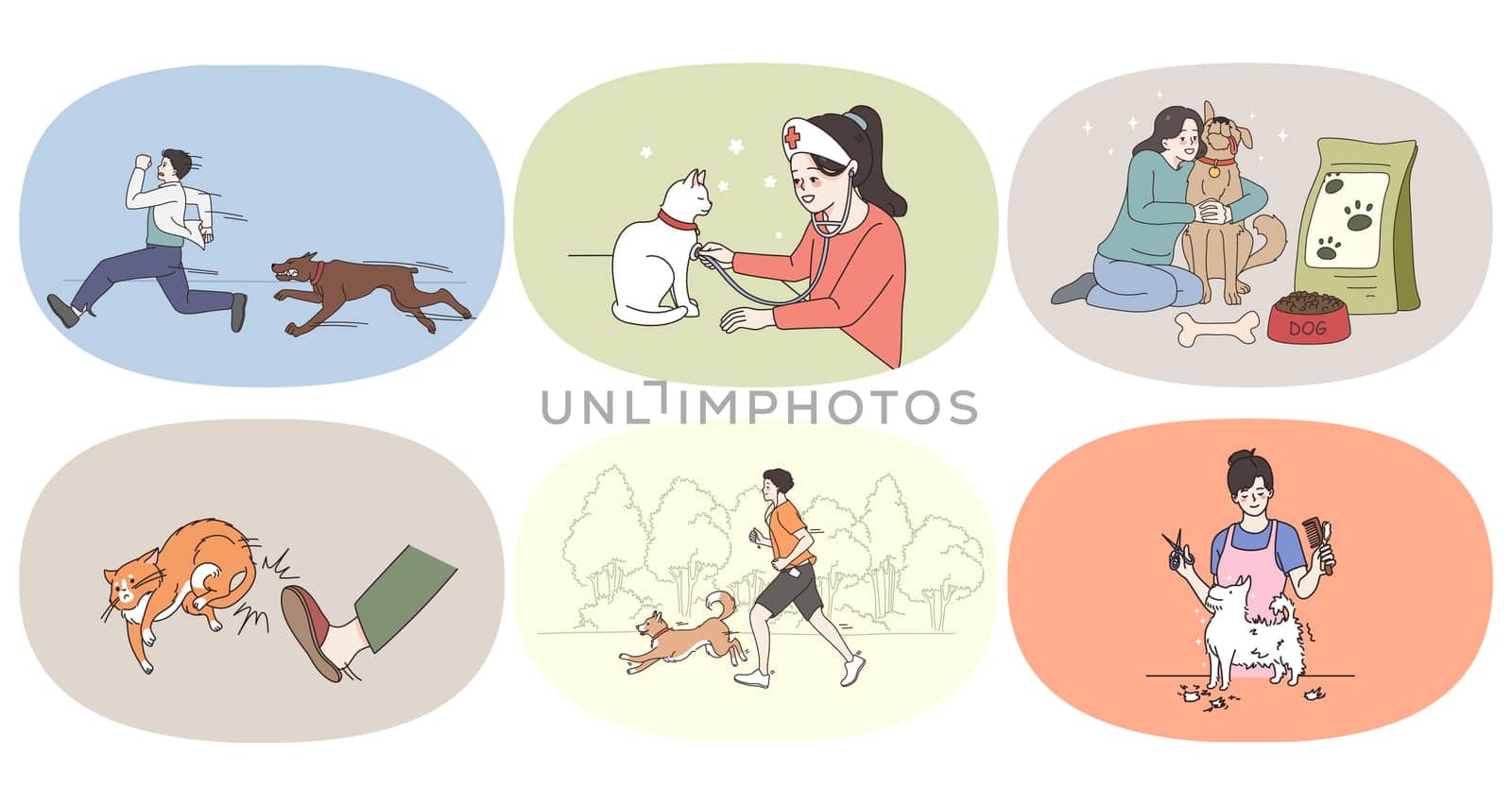 Set of diverse people take care of domestic animals