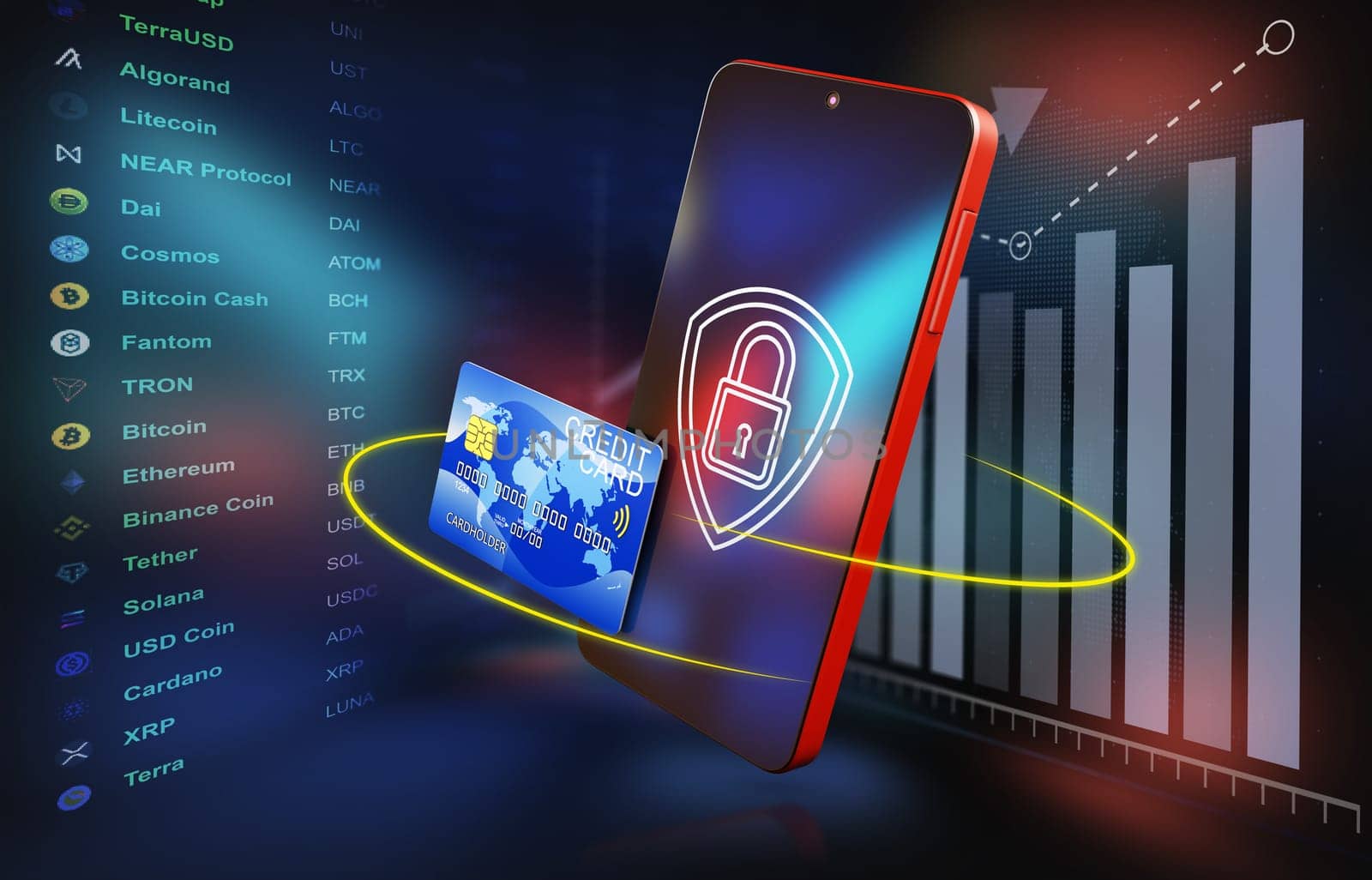 smartphone with a lock on the screen and a bank card on the background of the cryptocurrency exchange. 3d render.