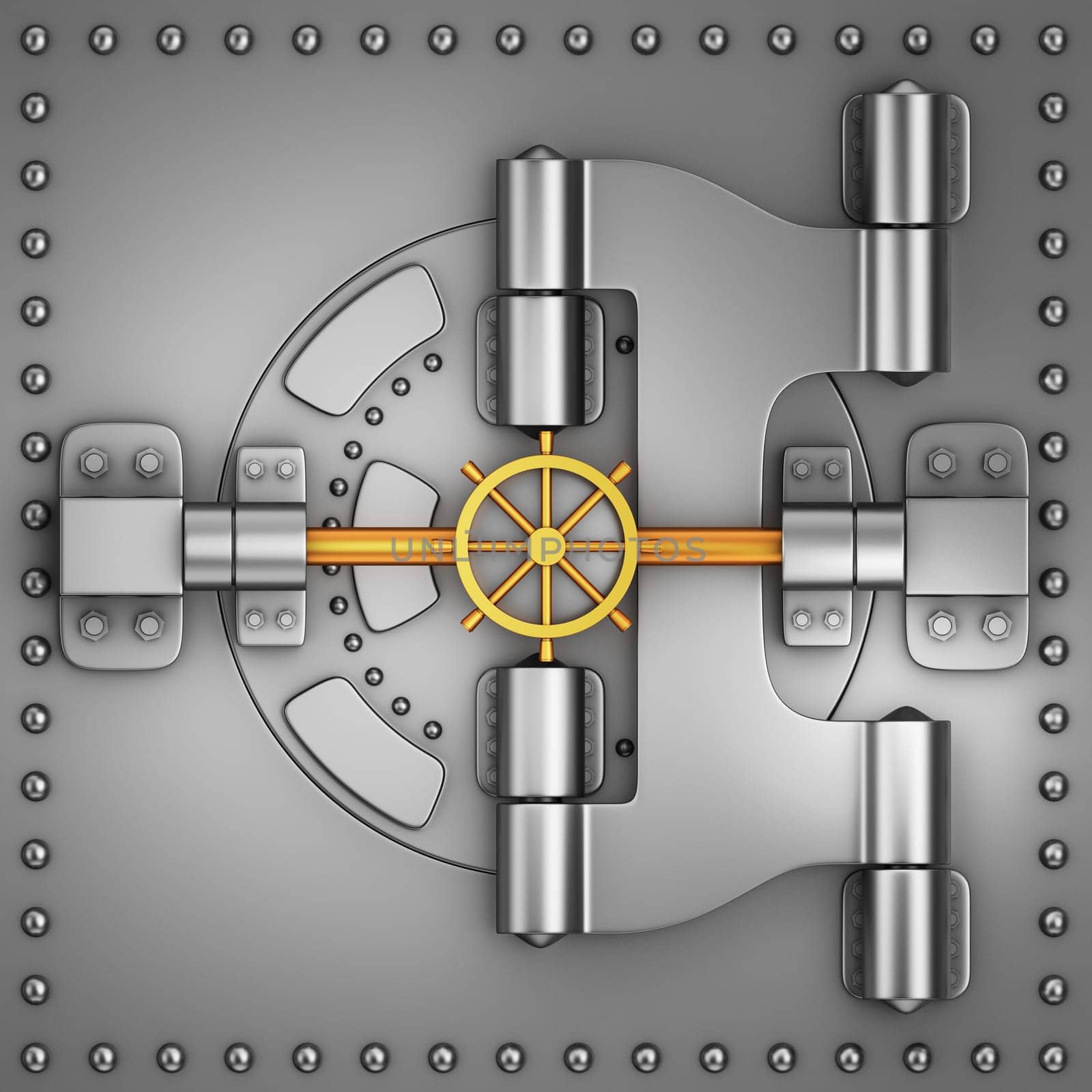 Steel bank safe with a sturdy round door. 3d render.