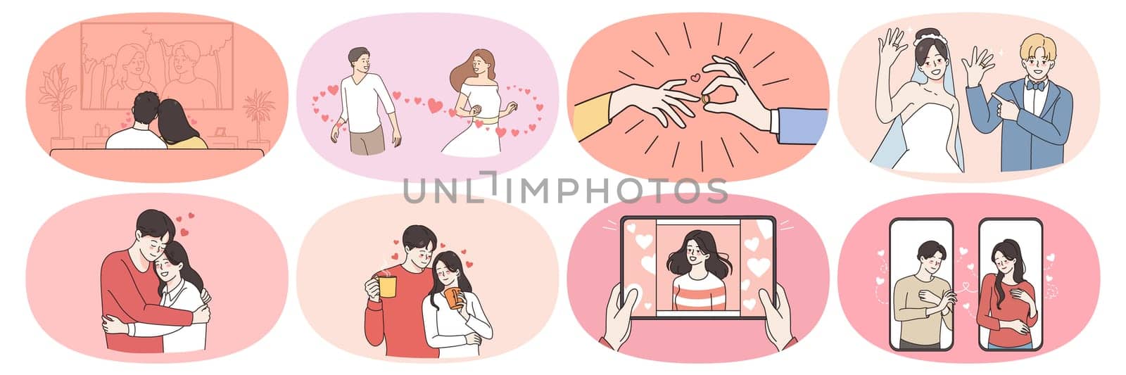 Set of happy man and woman communicate meet online on internet. Smiling couple fall in love, get engaged and marry. Relationship goal concept. Love and affection. Flat vector illustration.