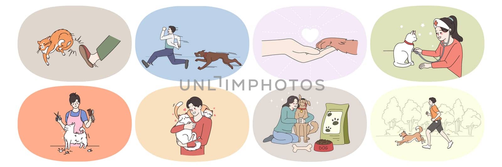 Set of diverse people with cats and dogs enjoy life with domestic animals. Collection of men and women take care of pets. Grooming and vet service concept. Flat vector illustration.