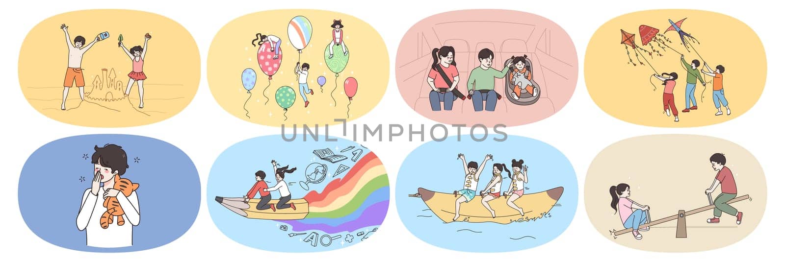 Set of little children play together in summer outdoors. Happy small kids friends have fun relax feel playful outside. Good childhood concept. Vacation and holiday. Flat vector illustration.