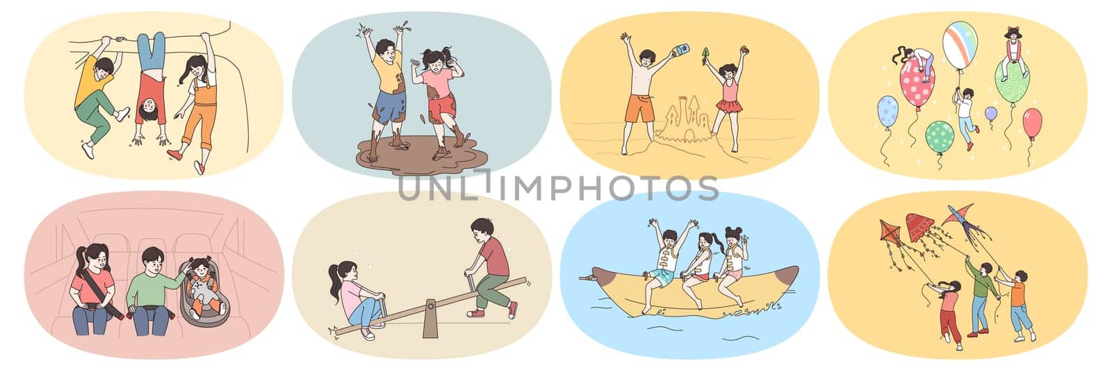 Happy small children have fun playing outdoors enjoy joyful childhood times. Smiling overjoyed little kids relax rest outside, feel playful naughty. Vacation and holiday. Vector illustration, set.
