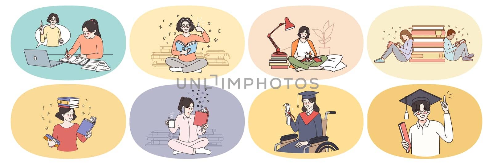 Set of diverse students learn with textbooks, engaged in online training on computer. Collection of young people study with books prepare for exam. Education concept. Flat vector illustration.