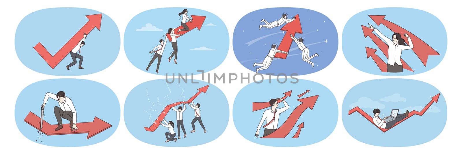 Set of businesspeople with arrow facing upward strive for business success or goal achievement. Bundle of employee or worker team work for job accomplishment. Motivation. Vector illustration.