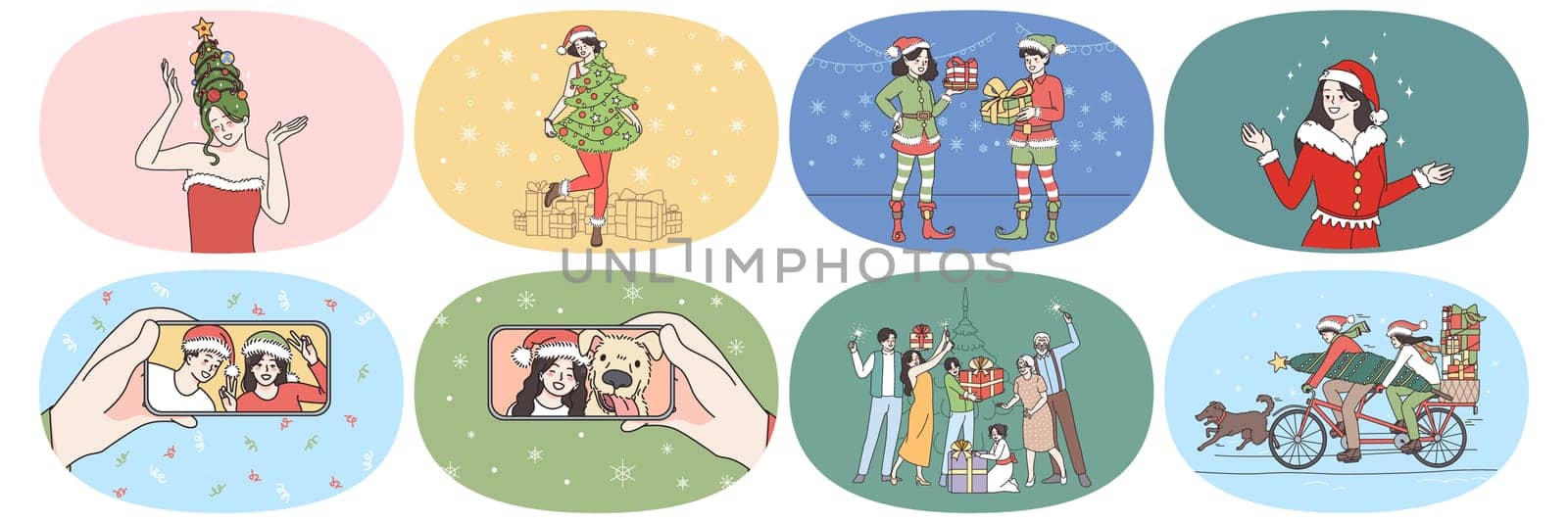 Set of happy people have fun celebrate New Year exchange presents on winter holidays. Smiling men and women enjoy Christmas celebration greeting make gift surprise. Flat vector illustration.