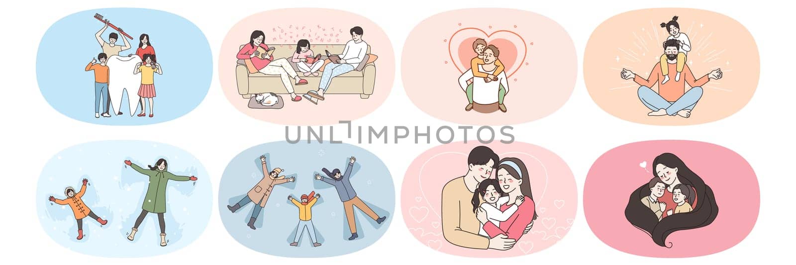 Smiling parents and children relax on winter holidays