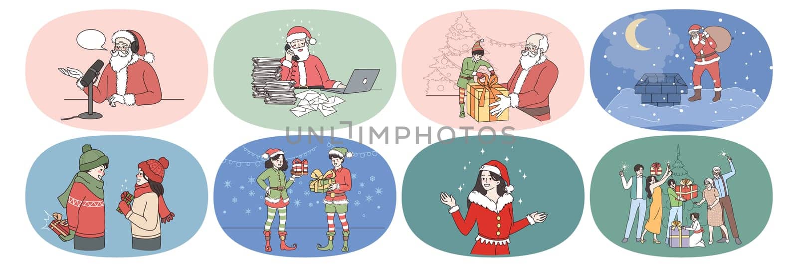 Set of old Santa Claus and elves prepare Christmas present for children on winter holidays. New Year celebration and gifts exchange. Winter holiday magic festive time. Flat vector illustration.