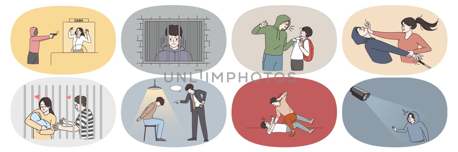 Set of criminal or bandit imprisoned for misdemeanor or crime. Collection of man burglar or thief arrested in jail or prison. Convict detention for violence and abuse. Flat vector illustration.