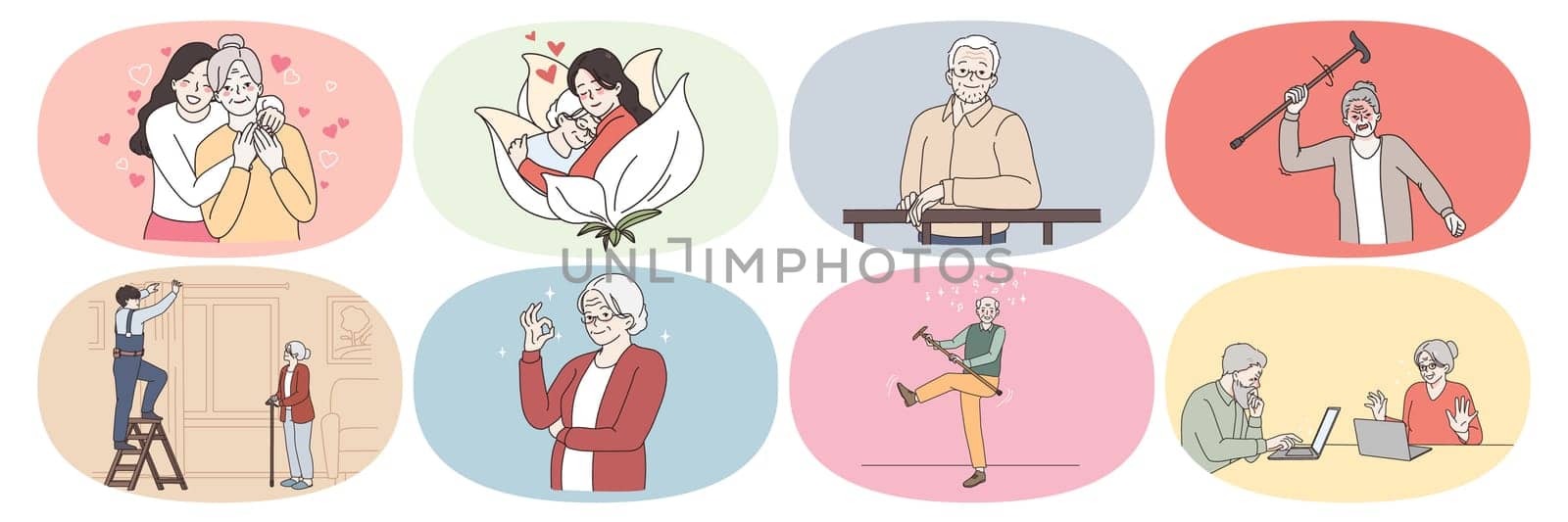 Set of diverse old grandparents with relatives or caregiver enjoy good happy maturity life. Bundle of senior people use computer or enjoy active days. Geriatrics and elderly. Vector illustration.