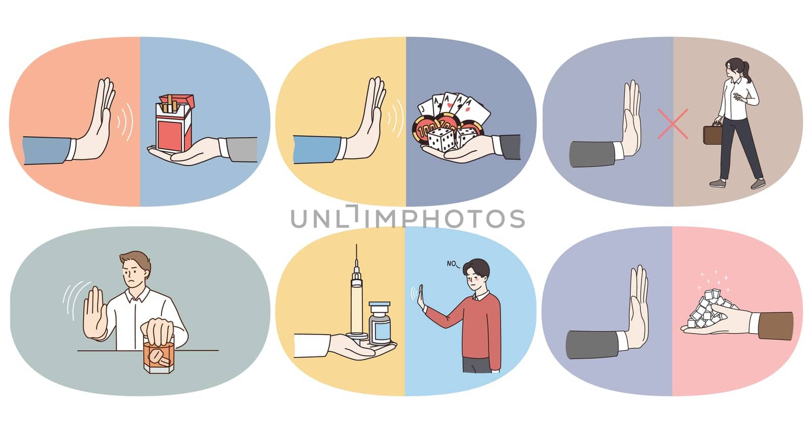 Set of people show no hand gesture to bad habits