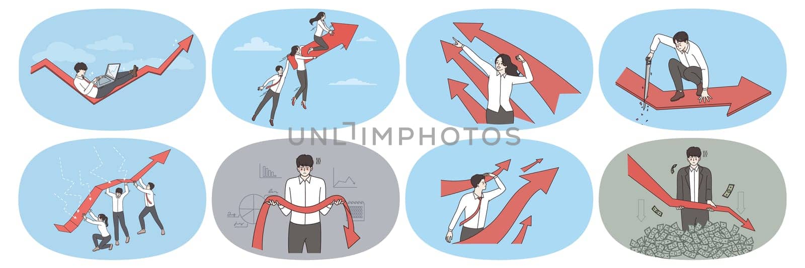 Set of businesspeople with arrows facing up motivated for success or achievement. Collection of diverse employees work for business win or victory. Successful project, teamwork. Vector illustration.