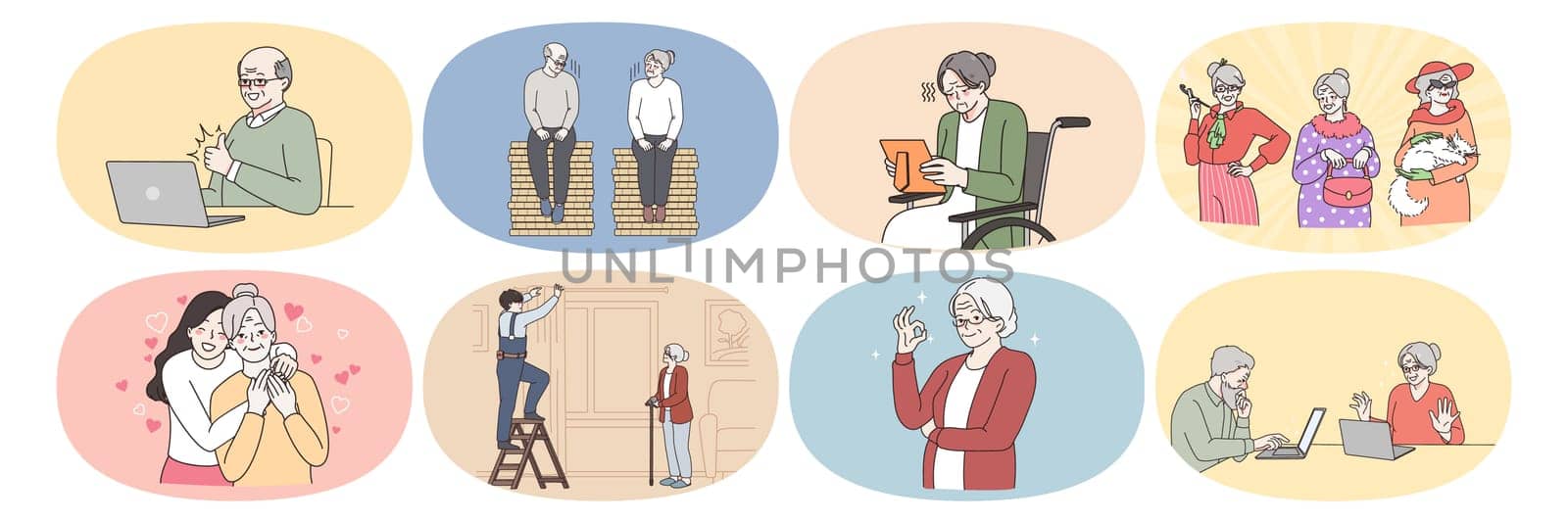 Old grey-haired grandparents enjoy happy good maturity in retirement house. Life of senior people. Saving for pension and communicating with relatives online. Elderly concept. Vector illustration.