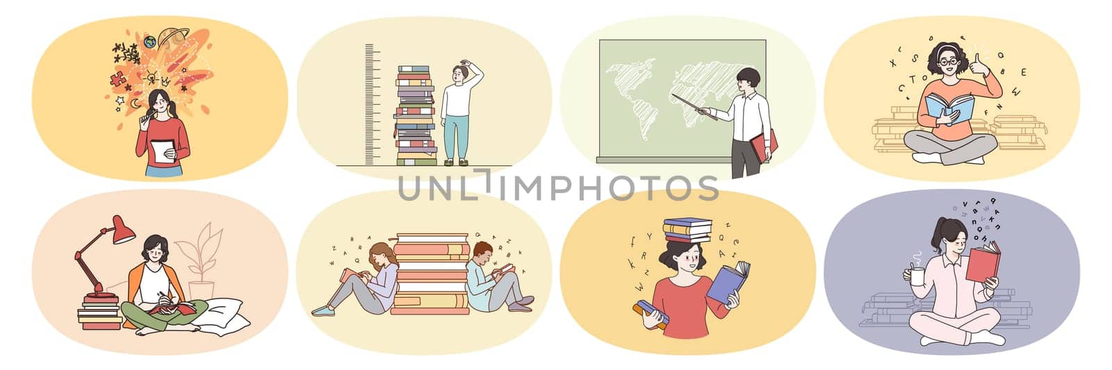 Set of diverse young people read books study prepare for exam or test. Bundle of students or pupils learn with textbooks. Education and training concept. Flat vector illustration.
