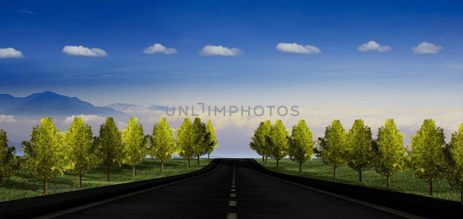 3d rendering of road in autumn with ginkgo in sunset