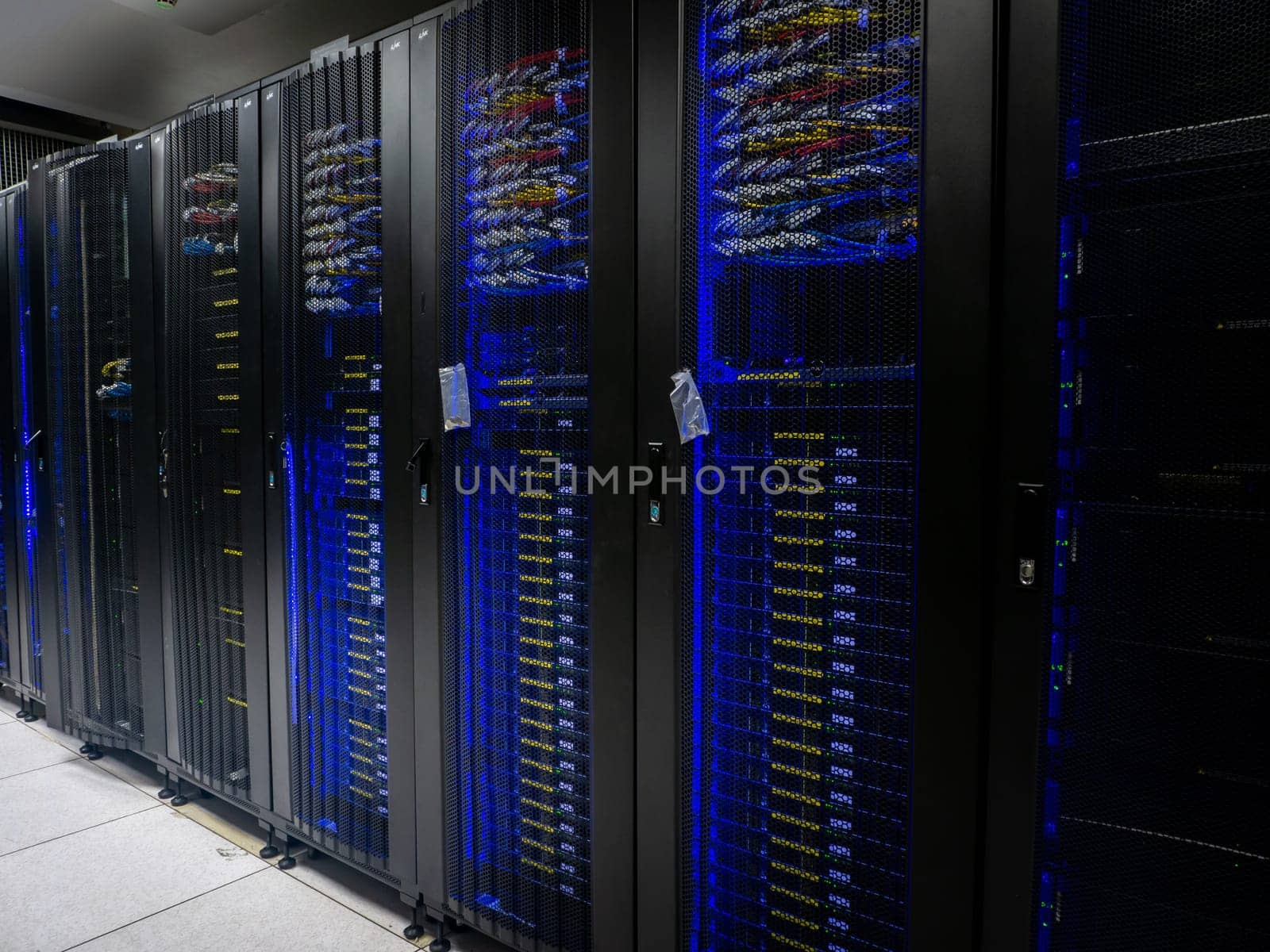 Server room data center. Backup, mining, hosting, mainframe, farm and computer rack with storage information