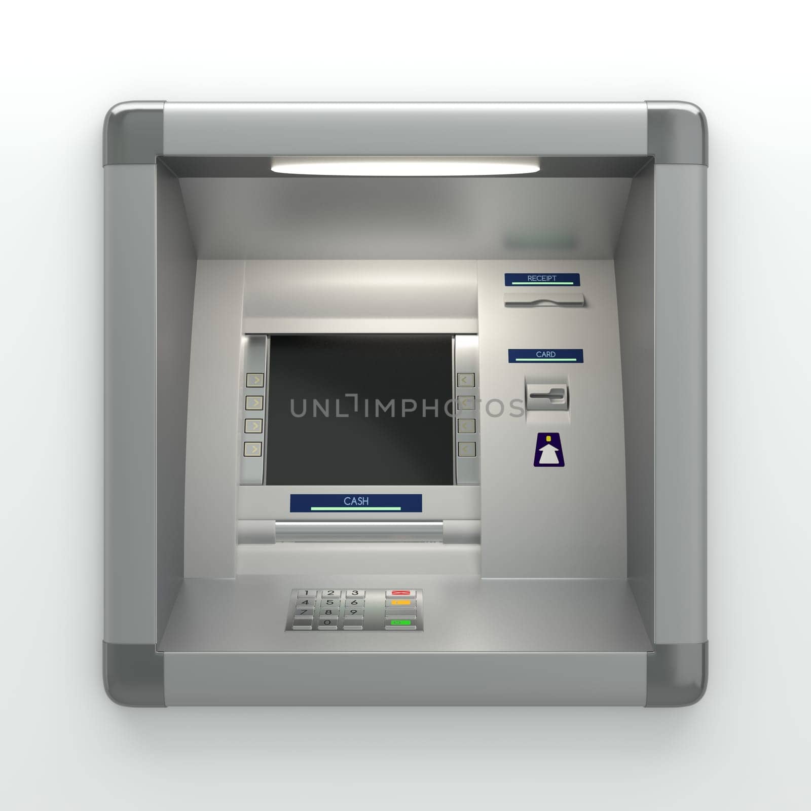 Atm machine with a card reader. Display screen, buttons, cash dispenser, receipt printer. Pin code safety, automatic banking, electronic cash withdrawal, bank account access concept. 3D illustration