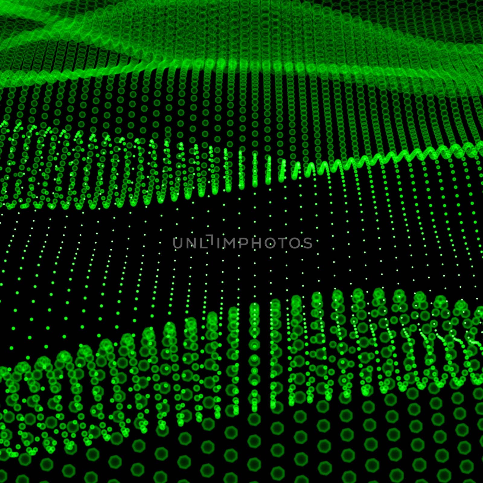 Abstract bokeh dots waves. Green on black.
