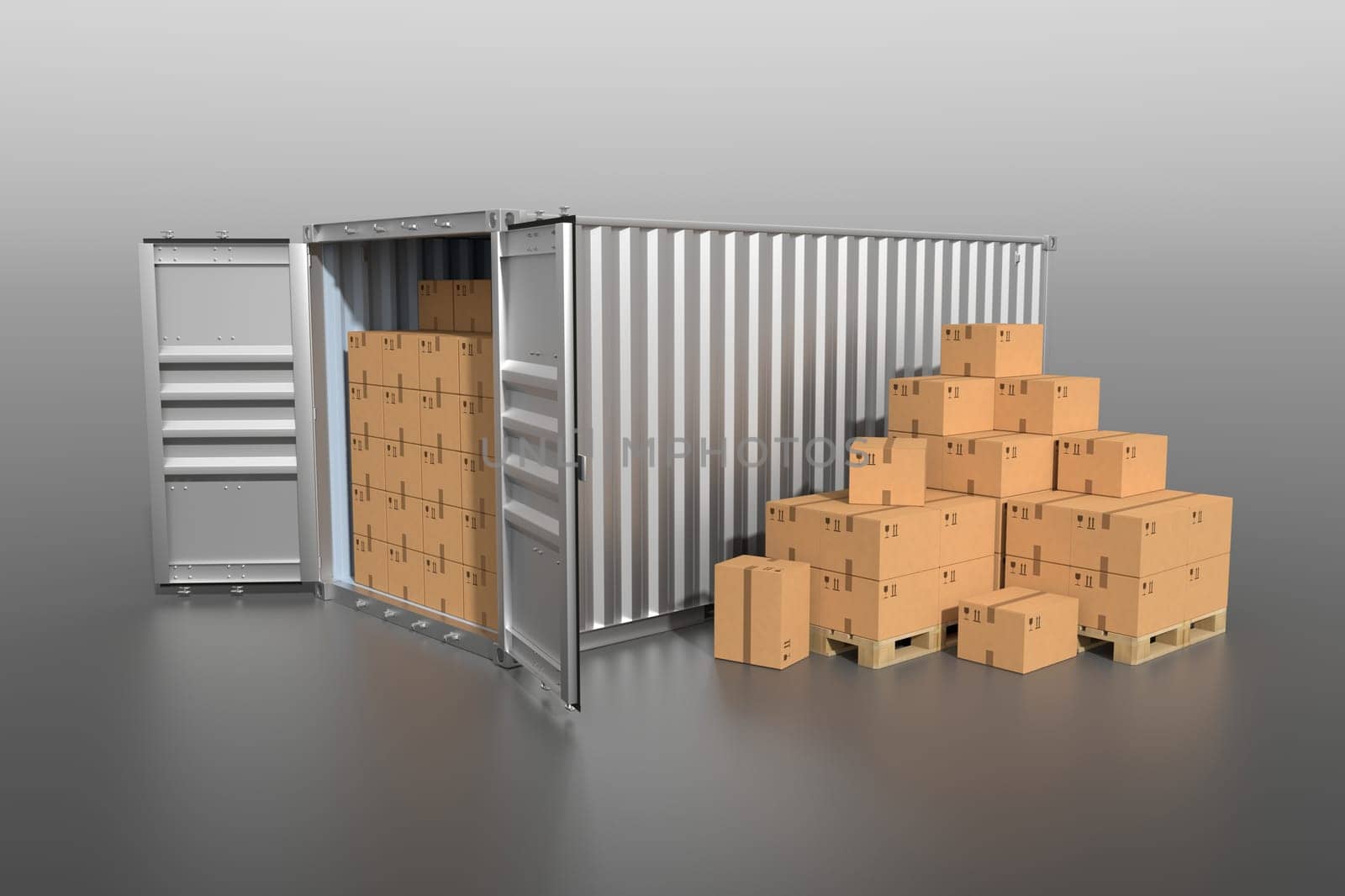 Ship cargo container side view, open doors, full with cardboard boxes. Pile of cardboard boxes on pallet. 3D illustration