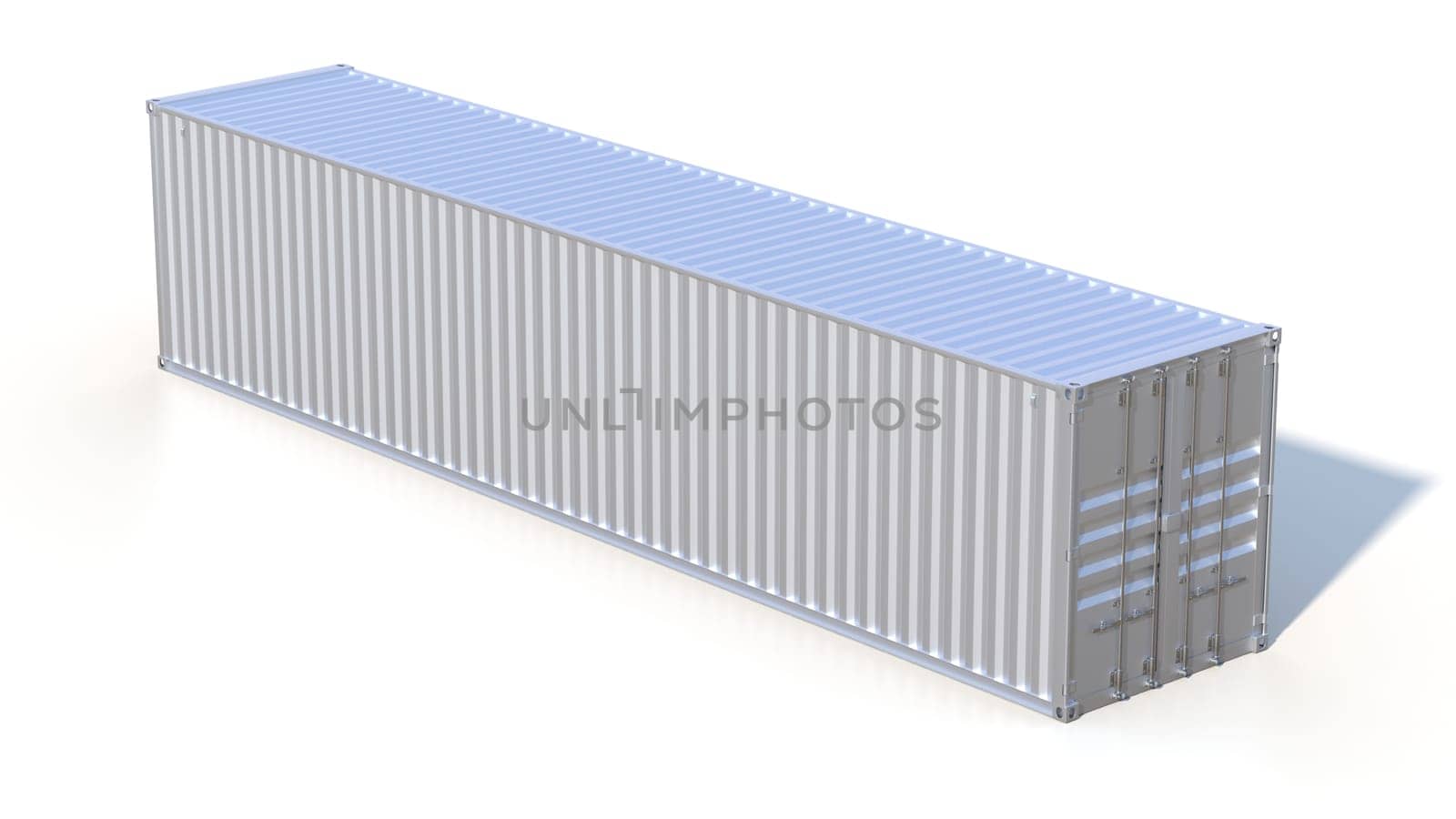 Ship cargo container 40 feet length. Grey metallic freight box with shadow isolated on white background. Marine olgistics, harbor warehouse, customs, transport shipping concept. 3D illustration