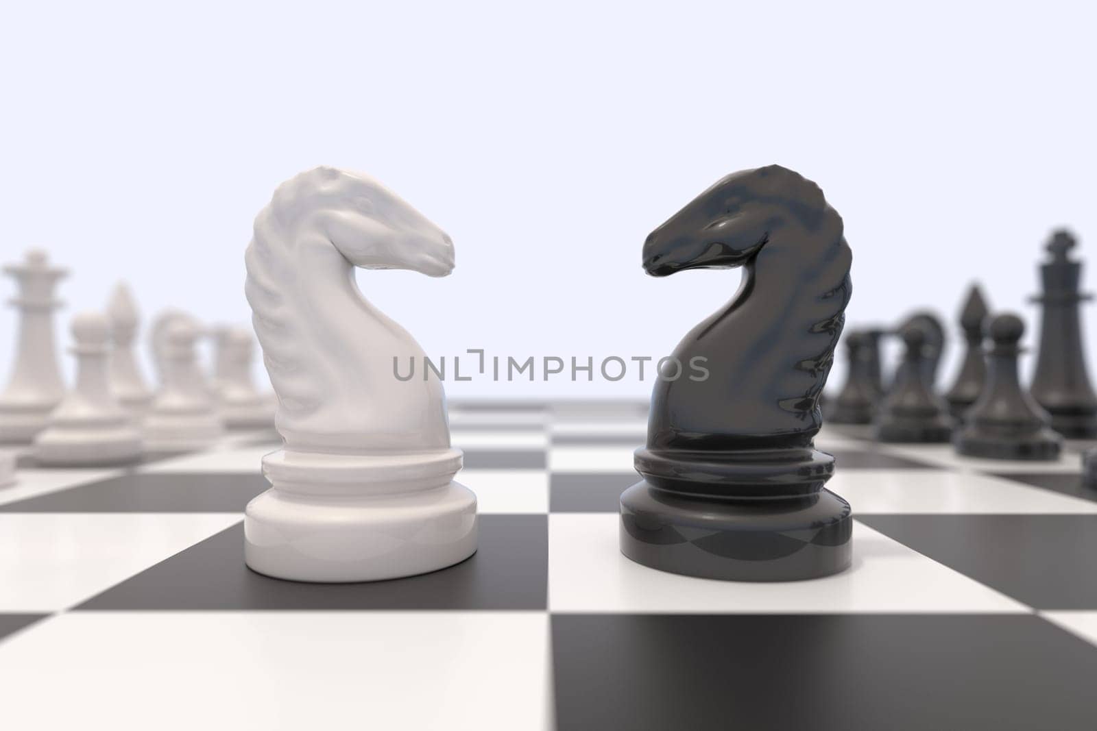 Two chess pieces on a chessboard. Black and white knights facing each other. Competition, discussion, agreement or opposition and confrontation concept.