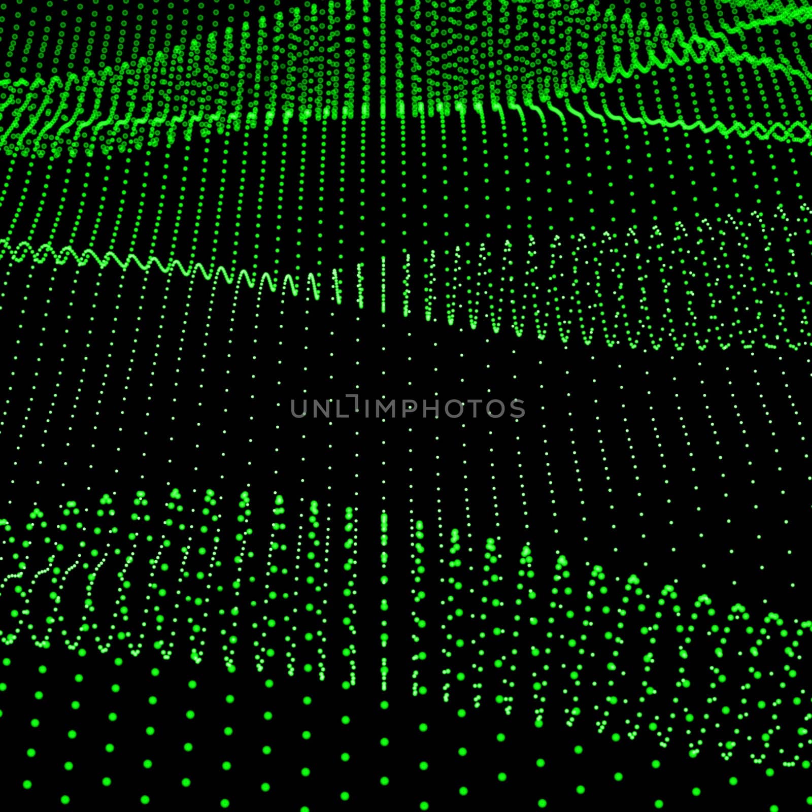 Abstract bokeh dots waves. Green on black.