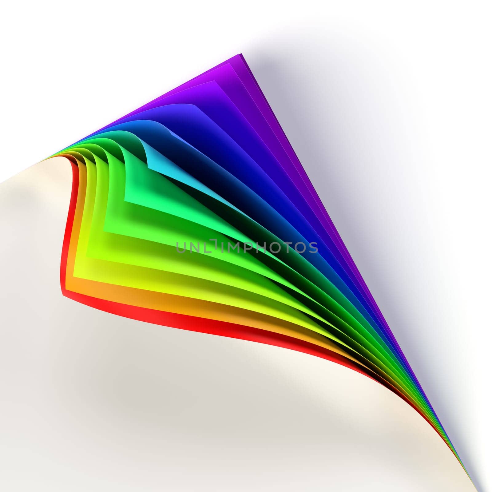 Blank document rainbow colored curled corner. Graphic design element. Empty template mock up. Business corporate identity, advertisement, poster with turning corner, colors and shadow. 3D illustration