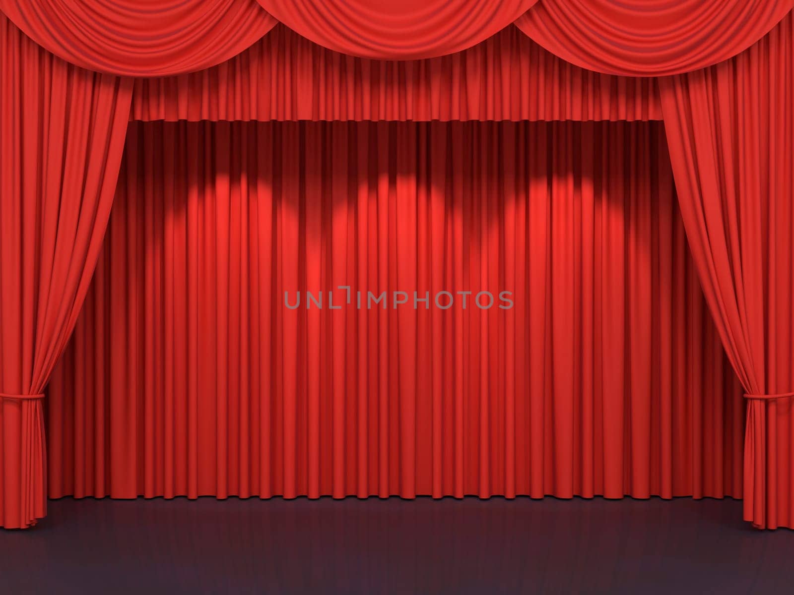 Red stage curtains. Luxury red velvet drapes, silk drapery. Realistic closed theatrical cinema curtain. Waiting for show, movie end, revealing new product, premiere, marketing concept. 3D illustration