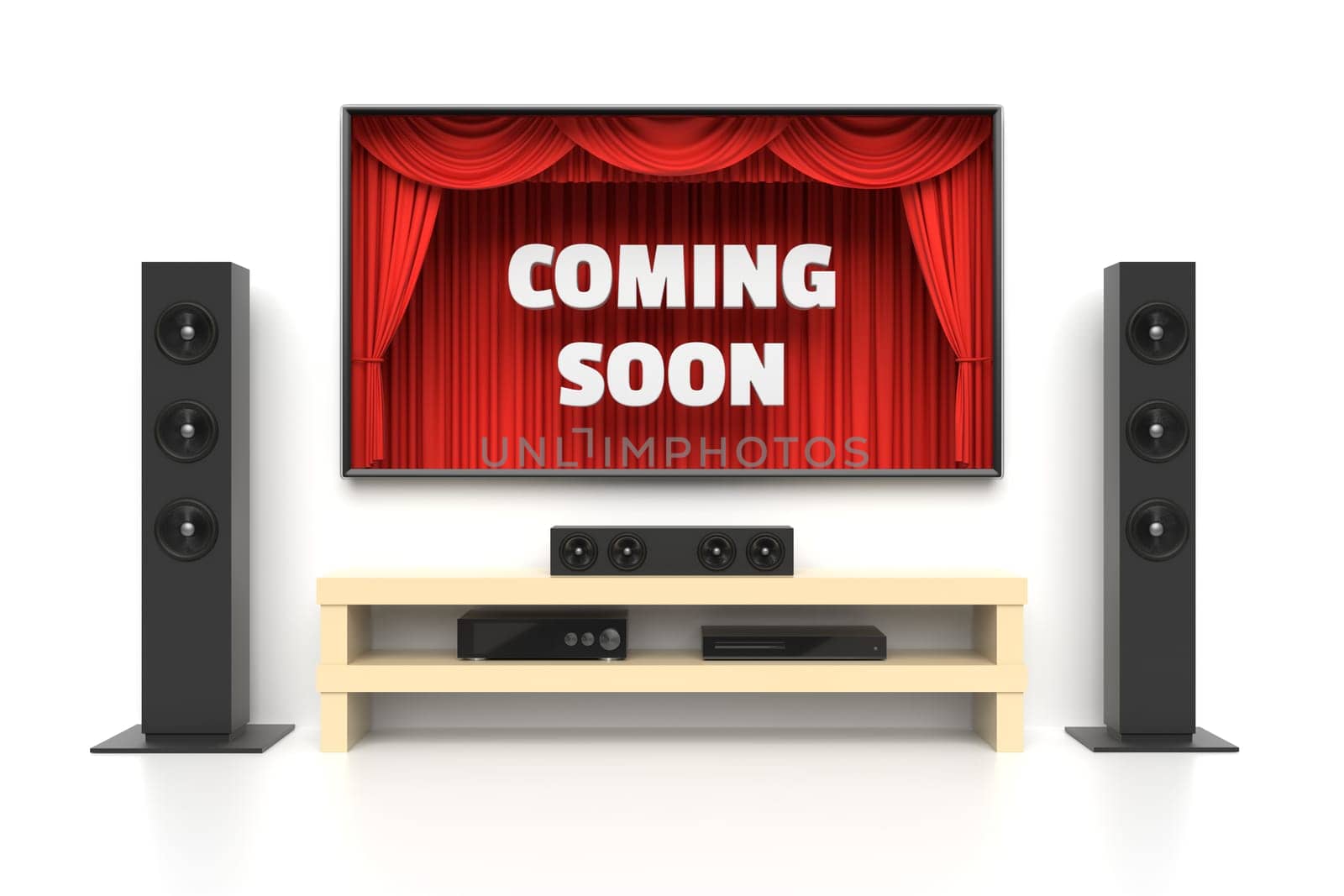Coming Soon poster. Home cinema set with large lcd tv panel with theater curtains, music speakers, video player. Revealing new tv show, sale advertisement, movie presentation, concept. 3D illustration