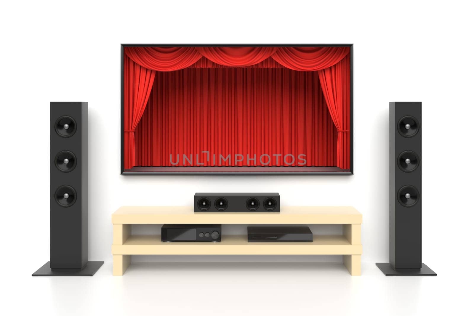 Home cinema set with large lcd tv panel with theater curtains, music speakers, video disc player. Movie presentation, blockbuster, revealing new tv show, sale advertisement concept. 3D illustration