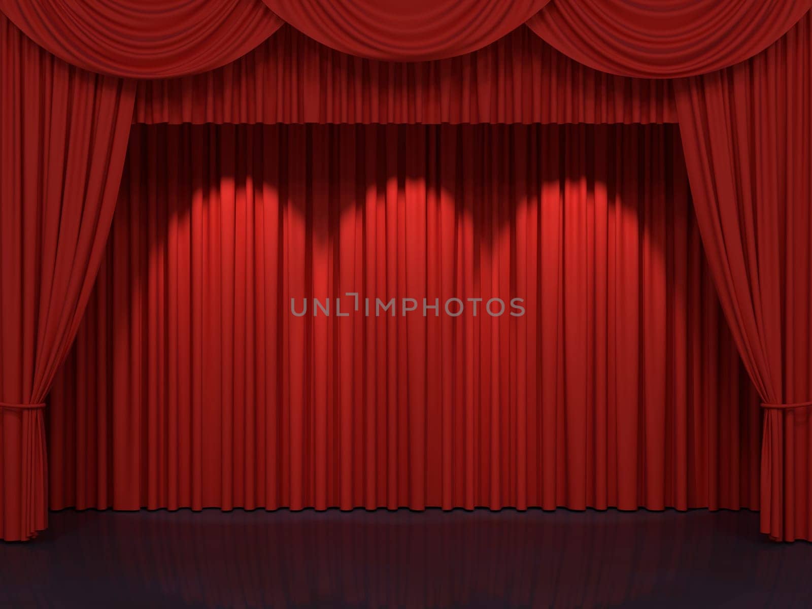Red stage curtains. Luxury red velvet drapes, silk drapery. Realistic closed theatrical cinema curtain. Waiting for show, movie end, revealing new product, premiere, marketing concept. 3D illustration