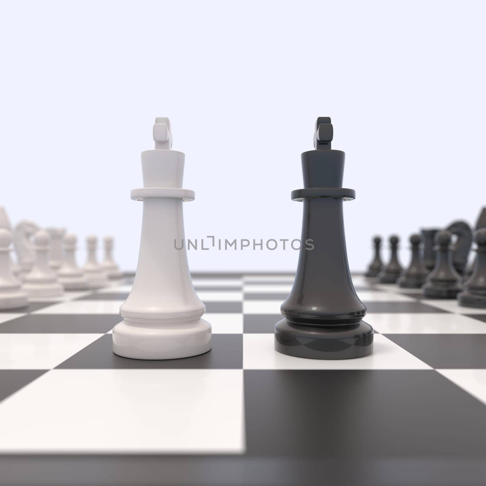 Two chess pieces on a chessboard. Black and white kings facing each other. Competition, discussion, agreement or opposition and confrontation concept.