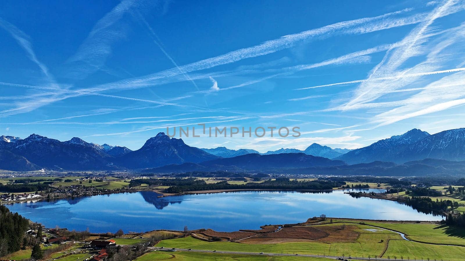 Aerial photo with drone of the Hopfensee lake in Bavaria in winter