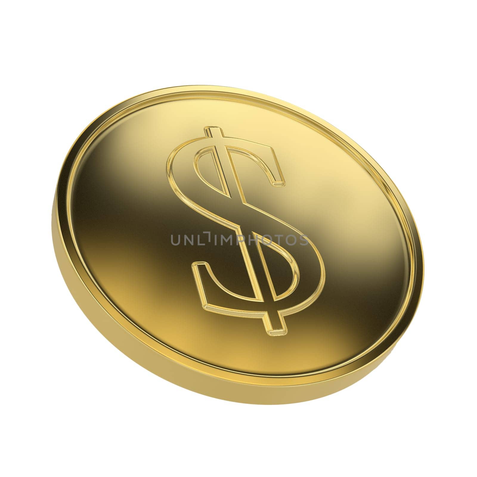 Golden coin with a dollar sign. Isolated on white background.