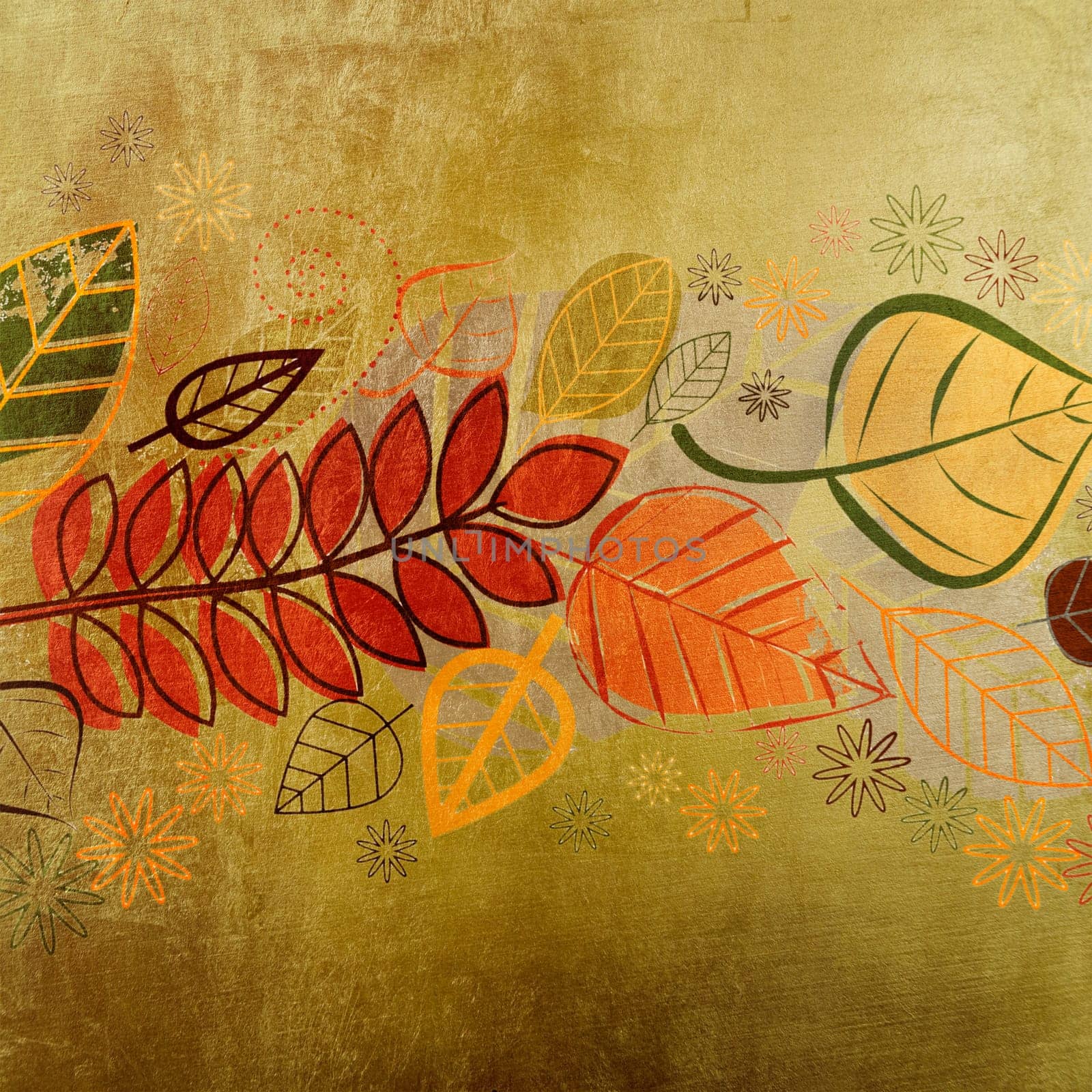 Autumn leaves design on golden texture