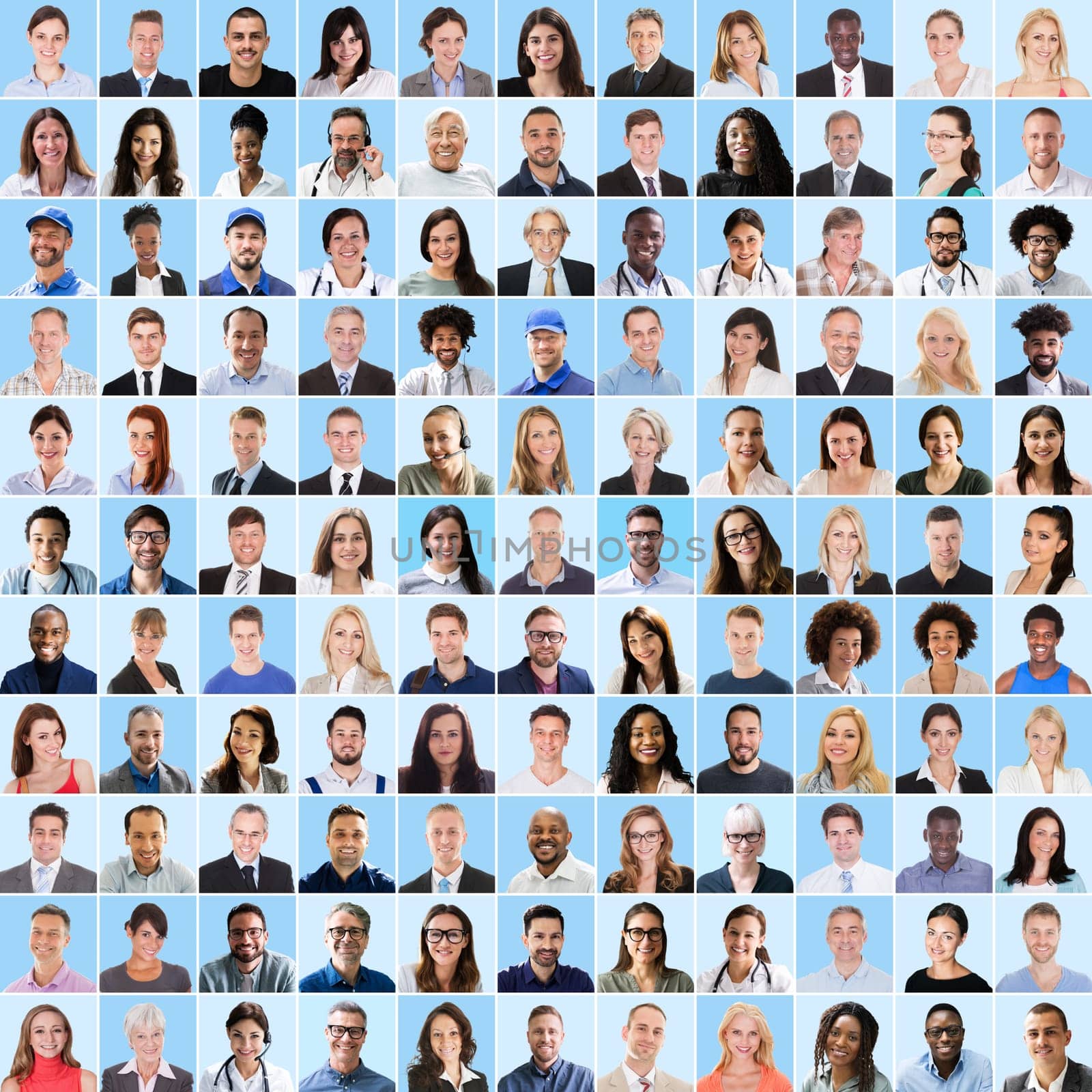 Collage Of Diverse Multi-ethnic Business People On Blue Background