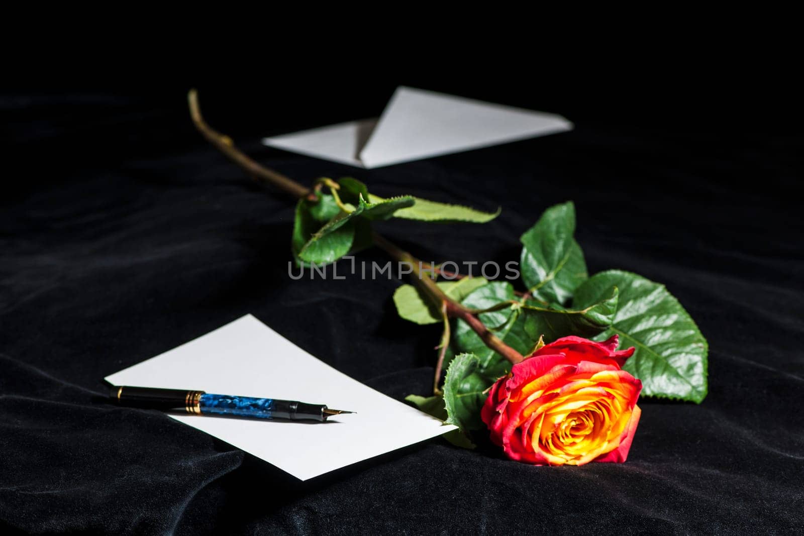 Close-up of a fiery red rose lying on black velvet with an envelope and a fountain pen.