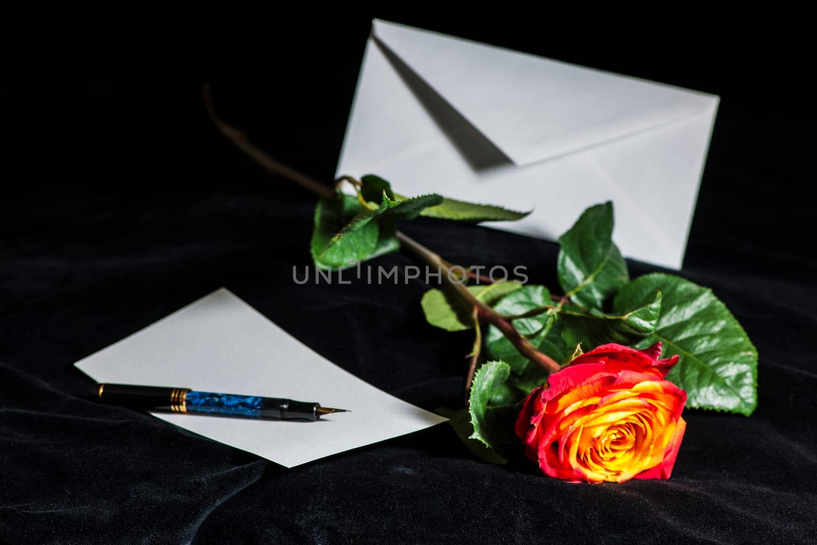 Close-up of a fiery red rose lying on black velvet with an envelope and a fountain pen at an aperture of f6.3.