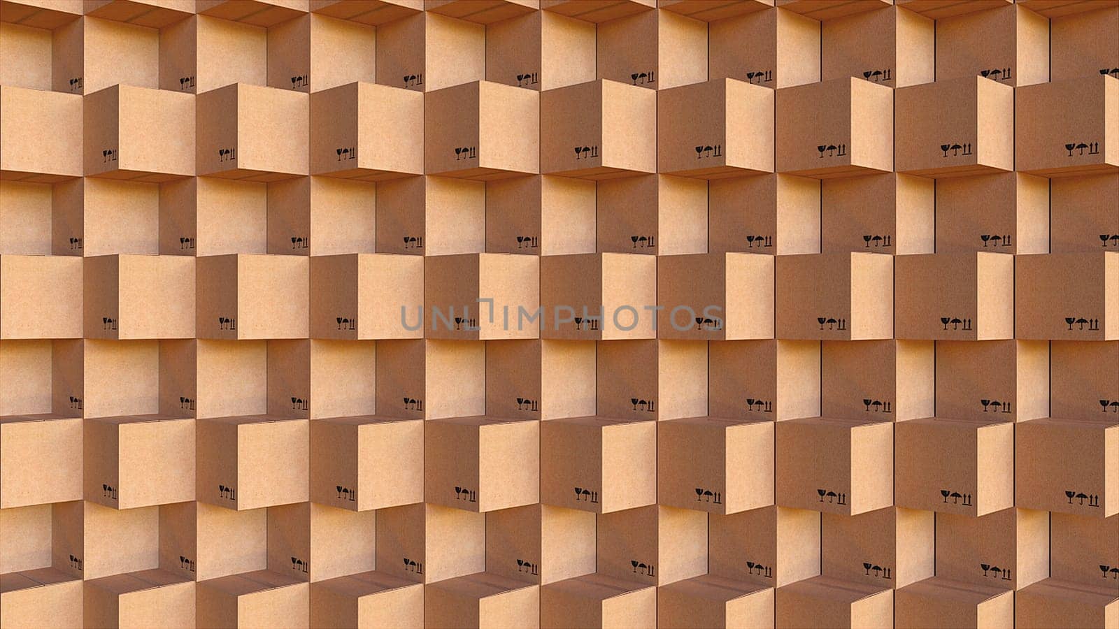 Cubes with markings for 3d render of shipment of things and goods. Storage container for delivering fragile items with gentle handling. Standard packaging for freight.