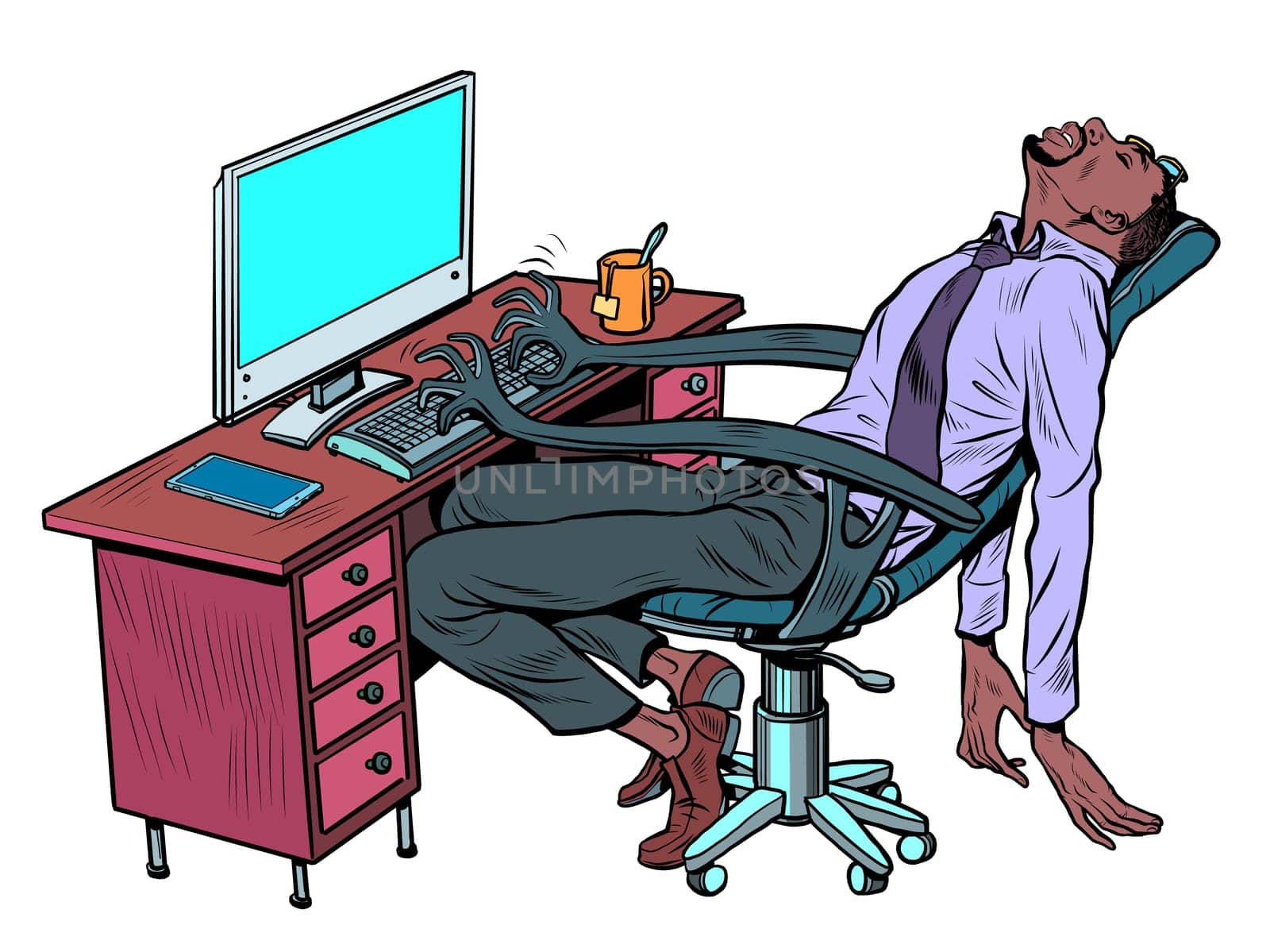 african manager sleeps at the workplace in the office. A robotic work chair works for a person. Pop Art Retro Vector Illustration 50s 60s Kitsch Vintage Style