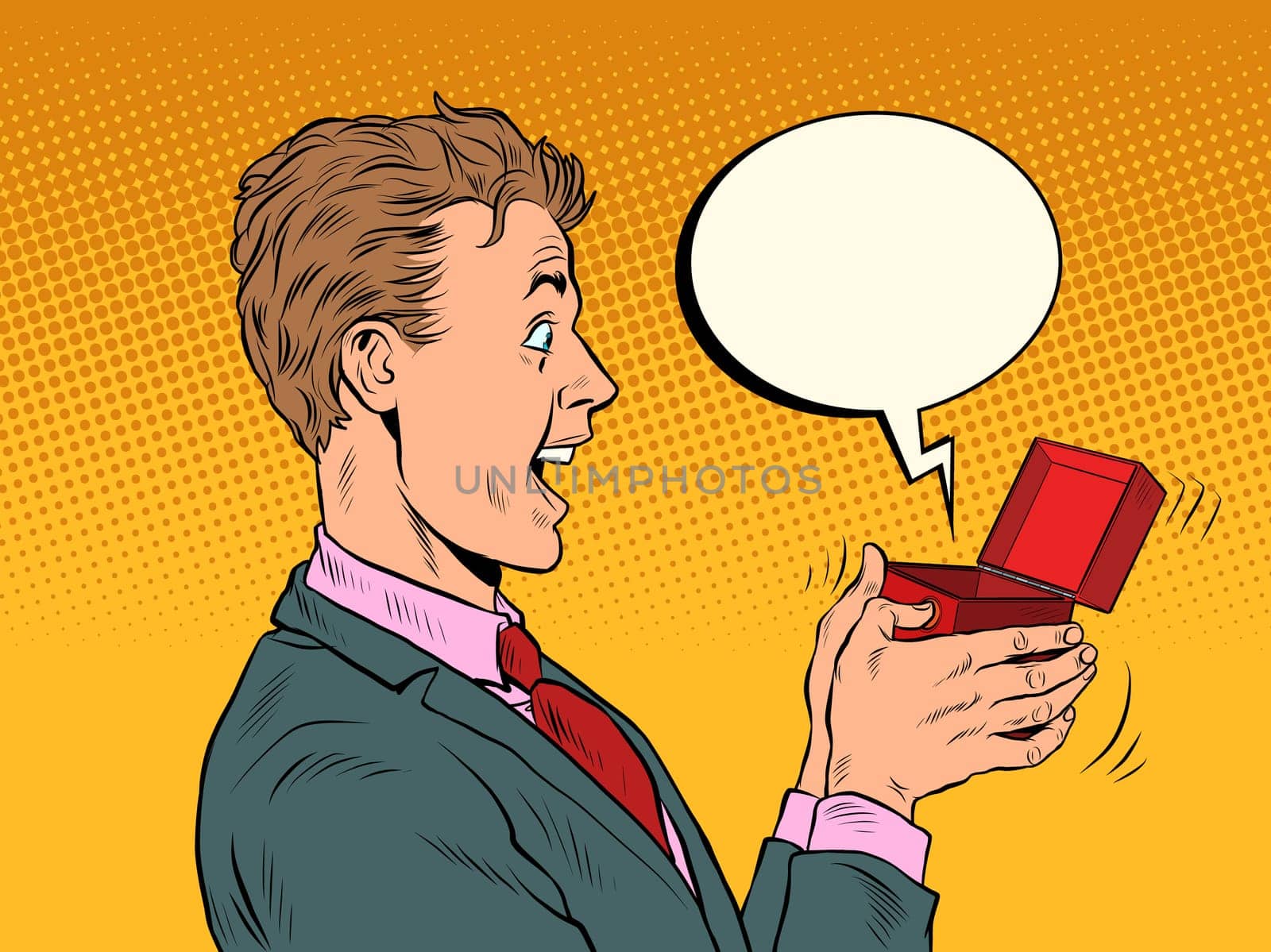 The male businessman is surprised box valentine surprise greeting, love romance. Pop Art Retro Vector Illustration 50s 60s Vintage kitsch Style