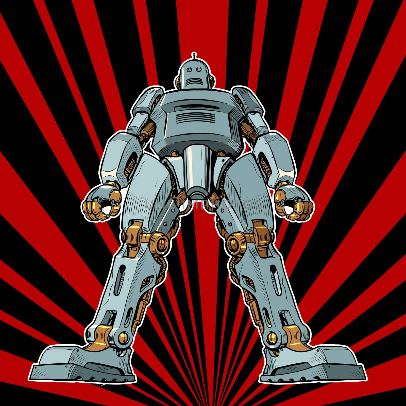 A giant robot stands in a majestic pose. Bottom up view. Artificial intelligence. Pop Art Retro Vector Illustration Vintage Kitsch 50s 60s Style