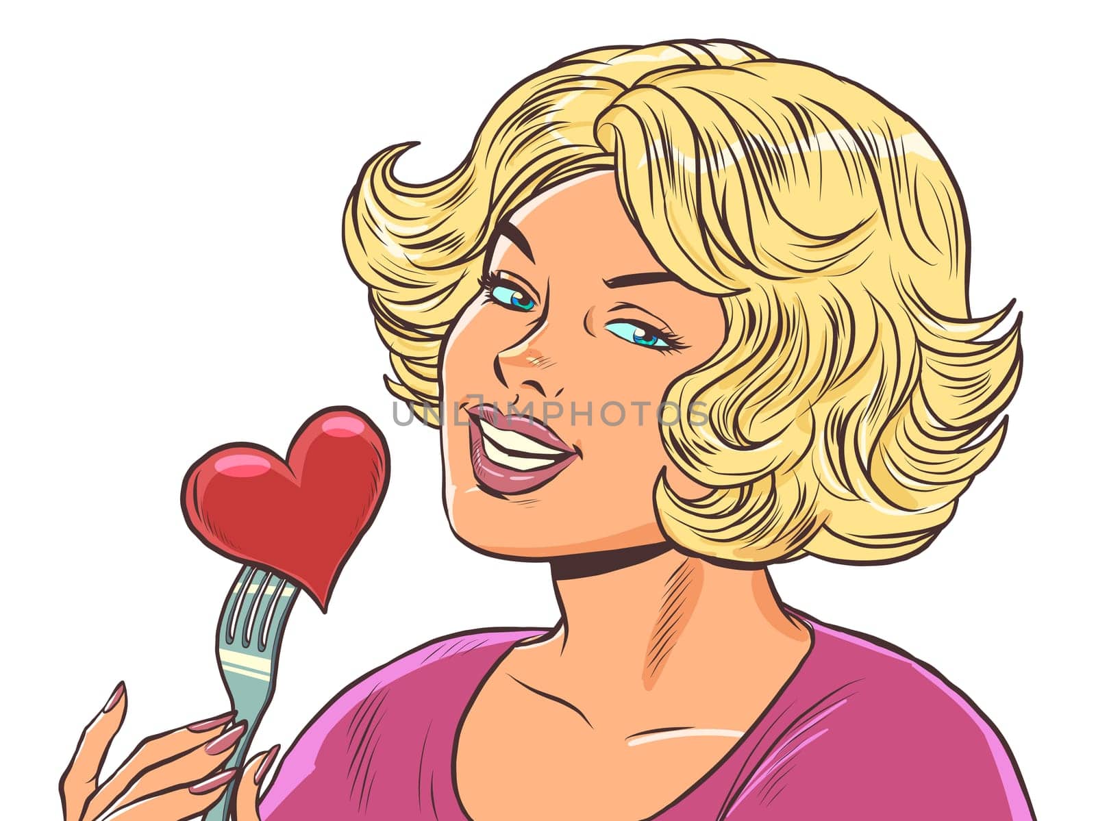 Beautiful woman eats a red heart valentine, love in a restaurant. Pop Art Retro Vector Illustration 50s 60s Kitsch Vintage Style