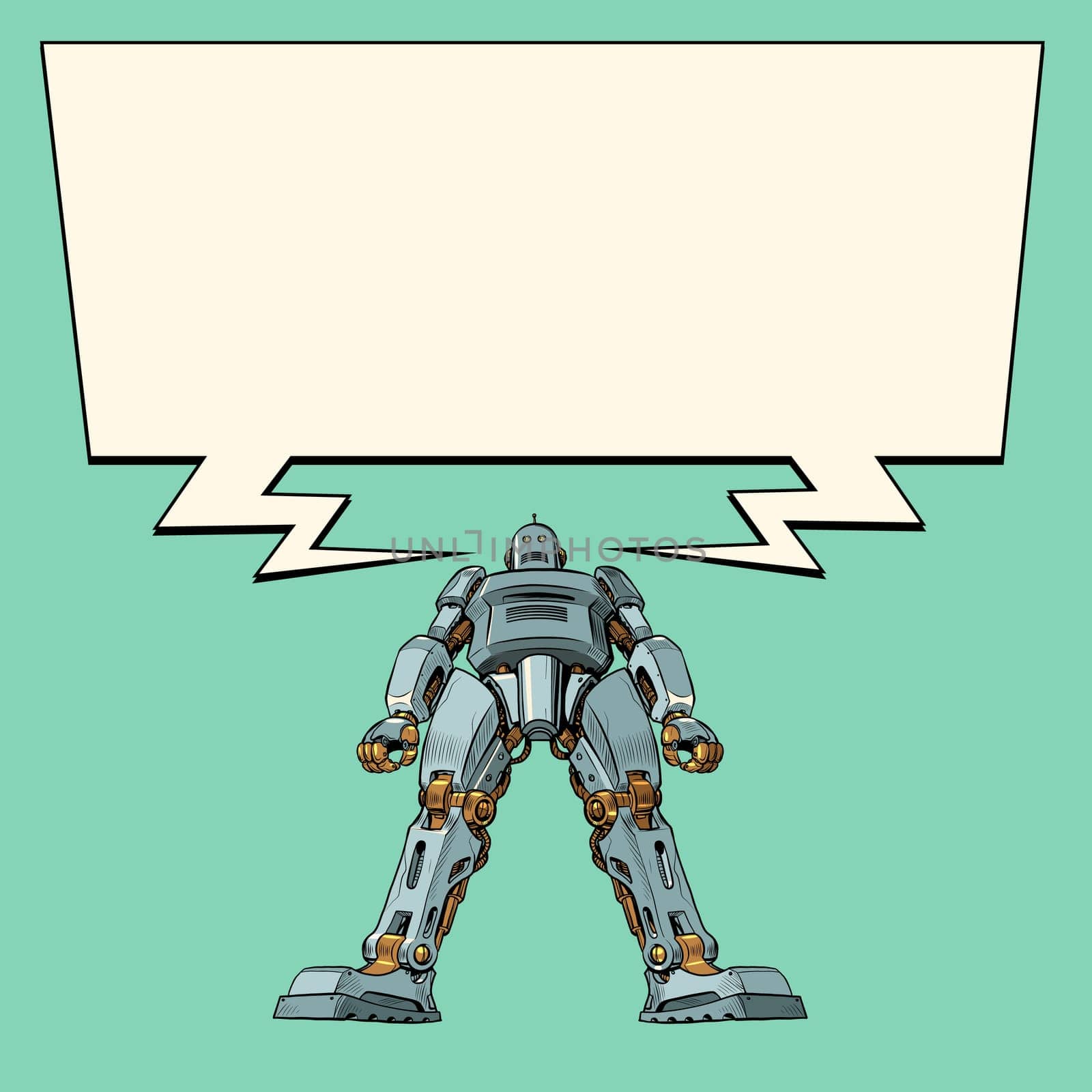 A giant robot stands in a majestic pose. Bottom up view. Artificial intelligence. Pop Art Retro Vector Illustration Vintage Kitsch 50s 60s Style