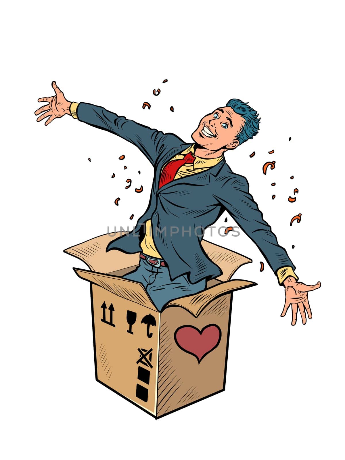 Groom man businessman box valentine surprise greeting, love romance. Isolate on a white background Pop Art Retro Vector Illustration 50s 60s Vintage kitsch Style