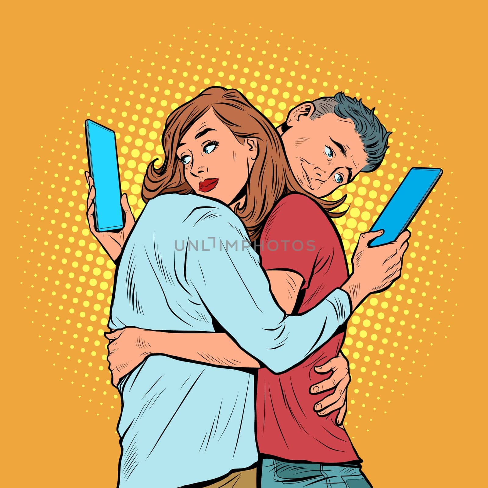 A couple of a man and a woman are watching smartphones. Problems dependence on social networks. Pop Art Retro Vector Illustration Vintage Kitsch 50s 60s Style