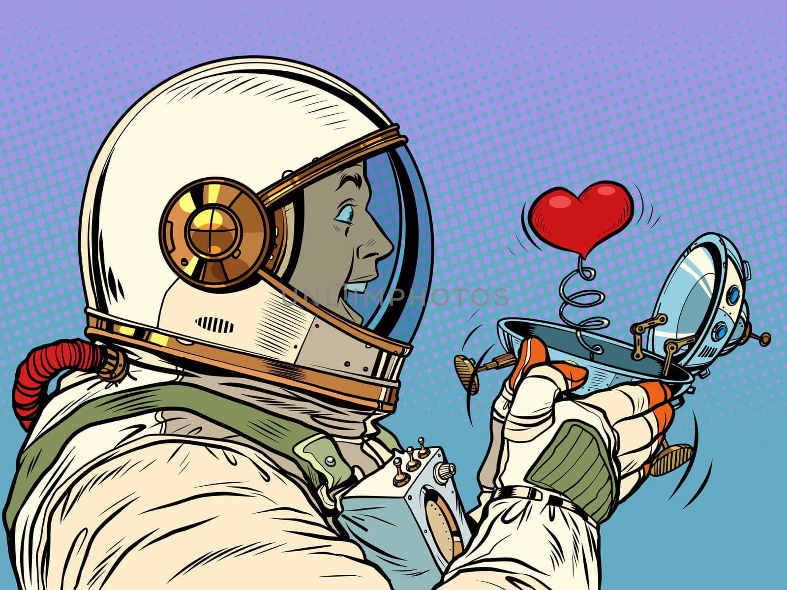 Surprised male astronaut looks at a red heart in a UFO flying ship box valentine surprise greeting, love romance. Pop Art Retro Vector Illustration 50s 60s Vintage kitsch Style