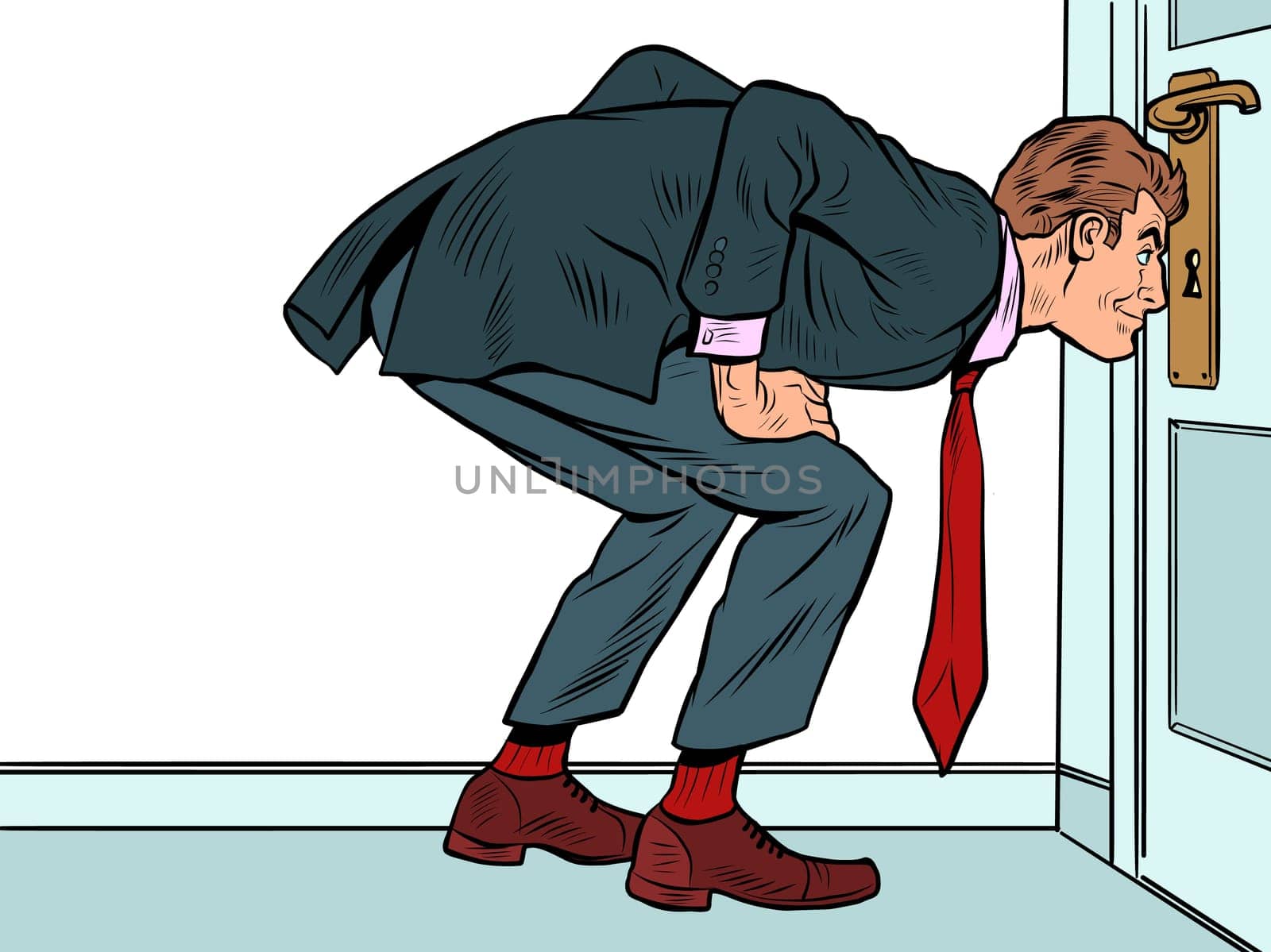Male businessman peeping through the keyhole, secrets surveillance espionage. Pop Art Retro Vector Illustration 50s 60s Vintage kitsch Style