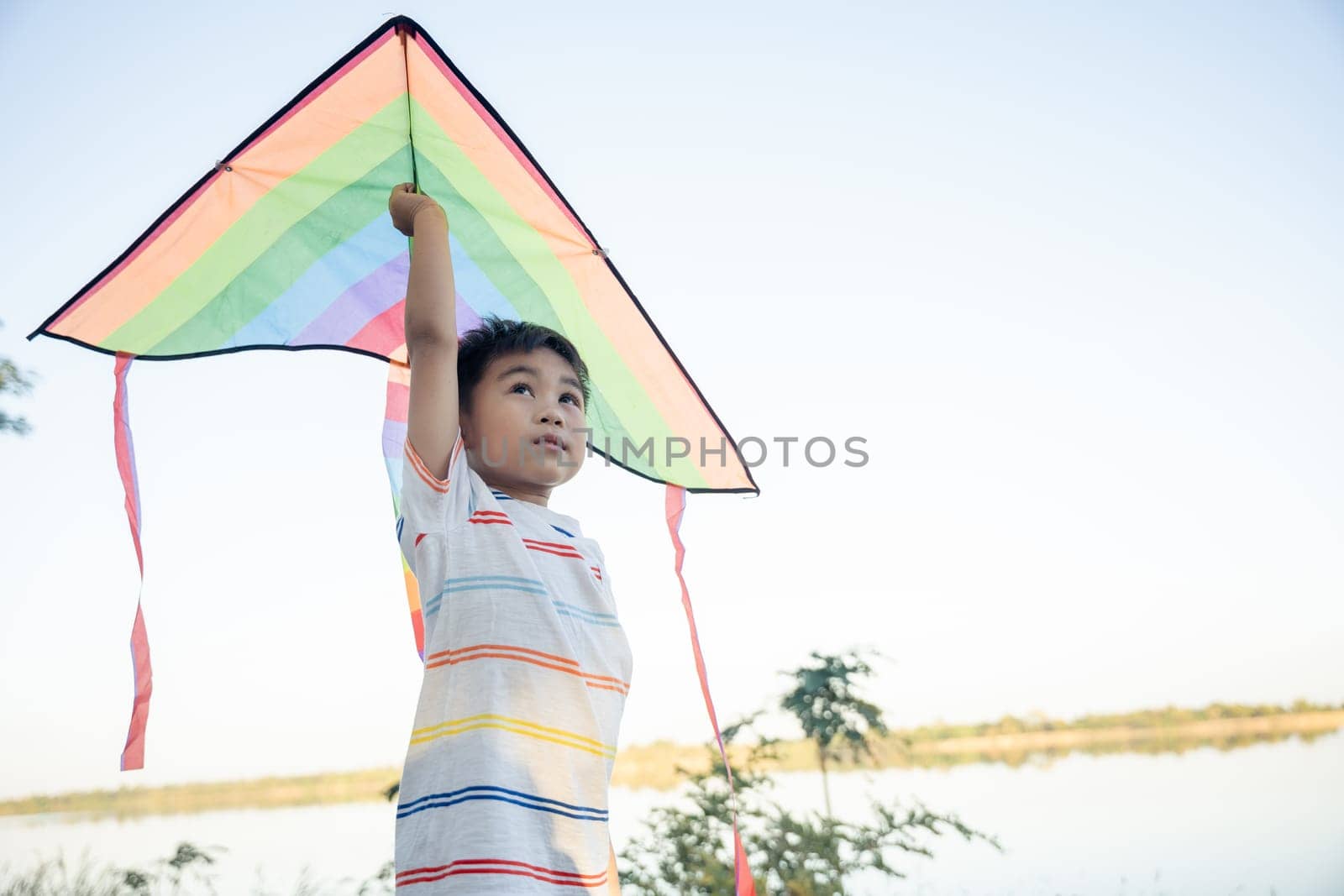 Asian happy children boy with a kite running to fly on in park at summer sunset outdoors